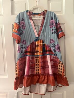 Multicolor Patchwork Floral Dress - Blue, Pink, Rust